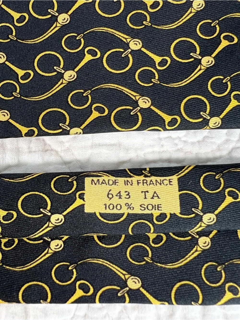 Vintage Hermès Silk Tie 643 TA Black Gold Horsebit Equestrian Scarf Print France